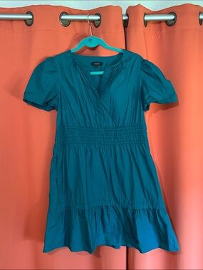 Quince Teal Short Puff Sleeve Tiered Mini Dress